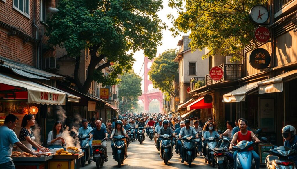A bustling street scene in Hanoi's historic Old Quarter, bathed in warm, golden afternoon light. In the foreground, vendors hawk steaming bowls of pho and sizzling banh mi from brightly colored carts, their wares tempting passersby. Rickety bicycles and scooters weave through the crowds, as locals and backpackers alike navigate the narrow, winding alleyways lined with centuries-old shophouses. In the middle ground, a mix of modern and traditional architecture creates a captivating visual contrast - weathered brick and tile roofs alongside sleek, minimalist cafes. In the background, the silhouette of Hoan Kiem Lake's iconic red bridge rises, framed by the lush greenery of towering trees. An atmospheric, immersive scene that evokes the vibrant, budget-friendly essence of Hanoi's historic heart. A bustling street scene in Hanoi's historic Old Quarter, bathed in warm, golden afternoon light. In the foreground, vendors hawk steaming bowls of pho and sizzling banh mi from brightly colored carts, their wares tempting passersby. Rickety bicycles and scooters weave through the crowds, as locals and backpackers alike navigate the narrow, winding alleyways lined with centuries-old shophouses. In the middle ground, a mix of modern and traditional architecture creates a captivating visual contrast - weathered brick and tile roofs alongside sleek, minimalist cafes. In the background, the silhouette of Hoan Kiem Lake's iconic red bridge rises, framed by the lush greenery of towering trees. An atmospheric, immersive scene that evokes the vibrant, budget-friendly essence of Hanoi's historic heart.