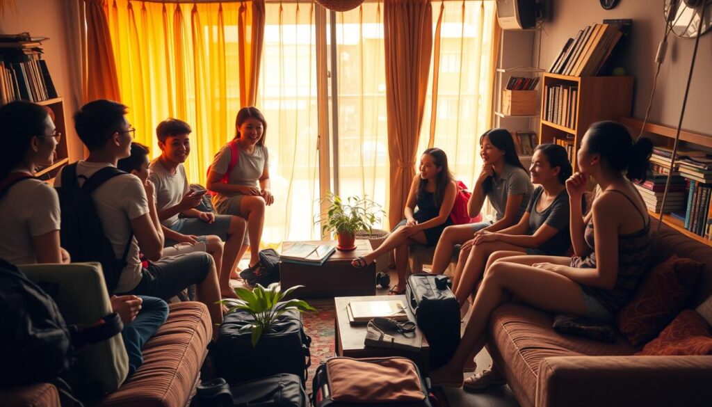 A cozy Vietnamese hostel, bathed in warm, golden light filtering through gauzy curtains. In the foreground, a group of young, diverse travelers engaged in lively conversation, their faces animated as they share stories and connect over shared experiences. Backpacks and luggage scattered around, creating a sense of transience and adventure. In the middle ground, a communal lounge area with plush, mismatched furniture, plants, and a bookshelf filled with well-worn travel guides. The background reveals a glimpse of the bustling street outside, hinting at the vibrant energy of the local neighborhood. An atmosphere of camaraderie, cultural exchange, and the thrill of the unknown pervades the scene. A cozy Vietnamese hostel, bathed in warm, golden light filtering through gauzy curtains. In the foreground, a group of young, diverse travelers engaged in lively conversation, their faces animated as they share stories and connect over shared experiences. Backpacks and luggage scattered around, creating a sense of transience and adventure. In the middle ground, a communal lounge area with plush, mismatched furniture, plants, and a bookshelf filled with well-worn travel guides. The background reveals a glimpse of the bustling street outside, hinting at the vibrant energy of the local neighborhood. An atmosphere of camaraderie, cultural exchange, and the thrill of the unknown pervades the scene.