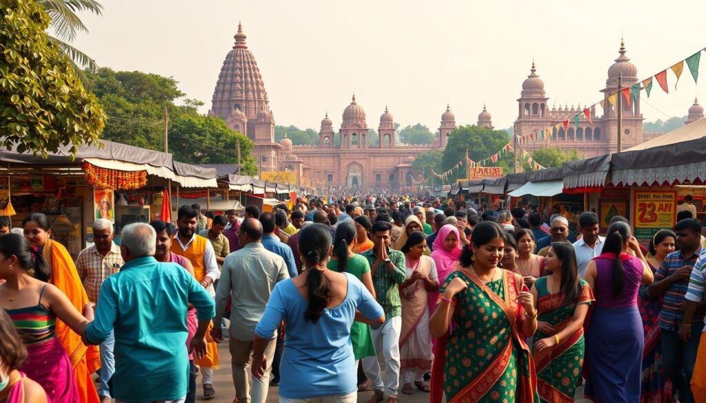 A lively outdoor festival in India, with vibrant colors, joyful crowds, and a celebratory atmosphere. In the foreground, people dance to the rhythmic beats of traditional music, their colorful attire swaying as they move. In the middle ground, stalls sell an array of handcrafted goods, fragrant street food, and local artisanal products. In the background, a backdrop of ornate temples, historic monuments, and lush greenery creates a captivating setting. The scene is bathed in warm, natural lighting, with a soft, golden glow that enhances the festive mood. The composition captures the essence of Indian culture and community, showcasing the country's rich traditions and the spirit of its people. A lively outdoor festival in India, with vibrant colors, joyful crowds, and a celebratory atmosphere. In the foreground, people dance to the rhythmic beats of traditional music, their colorful attire swaying as they move. In the middle ground, stalls sell an array of handcrafted goods, fragrant street food, and local artisanal products. In the background, a backdrop of ornate temples, historic monuments, and lush greenery creates a captivating setting. The scene is bathed in warm, natural lighting, with a soft, golden glow that enhances the festive mood. The composition captures the essence of Indian culture and community, showcasing the country's rich traditions and the spirit of its people.
