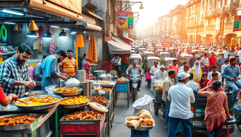 A vibrant street scene in a bustling Indian city, featuring an array of colorful food stalls and vendors serving up mouthwatering local delicacies. In the foreground, carts laden with sizzling curries, freshly grilled kebabs, and steaming dosas beckon passersby. Shopkeepers in traditional garb deftly prepare each dish, their hands a blur of activity. The middle ground reveals a lively crowd of budget-conscious locals and curious tourists, seated on low stools or crates, savoring the flavors of the region. In the background, a jumble of rickshaws, tuk-tuks, and pedestrians create a chaotic yet captivating urban landscape, bathed in the warm glow of the afternoon sun. Capture the energy, aromas, and vibrant colors of authentic Indian street food culture. A vibrant street scene in a bustling Indian city, featuring an array of colorful food stalls and vendors serving up mouthwatering local delicacies. In the foreground, carts laden with sizzling curries, freshly grilled kebabs, and steaming dosas beckon passersby. Shopkeepers in traditional garb deftly prepare each dish, their hands a blur of activity. The middle ground reveals a lively crowd of budget-conscious locals and curious tourists, seated on low stools or crates, savoring the flavors of the region. In the background, a jumble of rickshaws, tuk-tuks, and pedestrians create a chaotic yet captivating urban landscape, bathed in the warm glow of the afternoon sun. Capture the energy, aromas, and vibrant colors of authentic Indian street food culture.